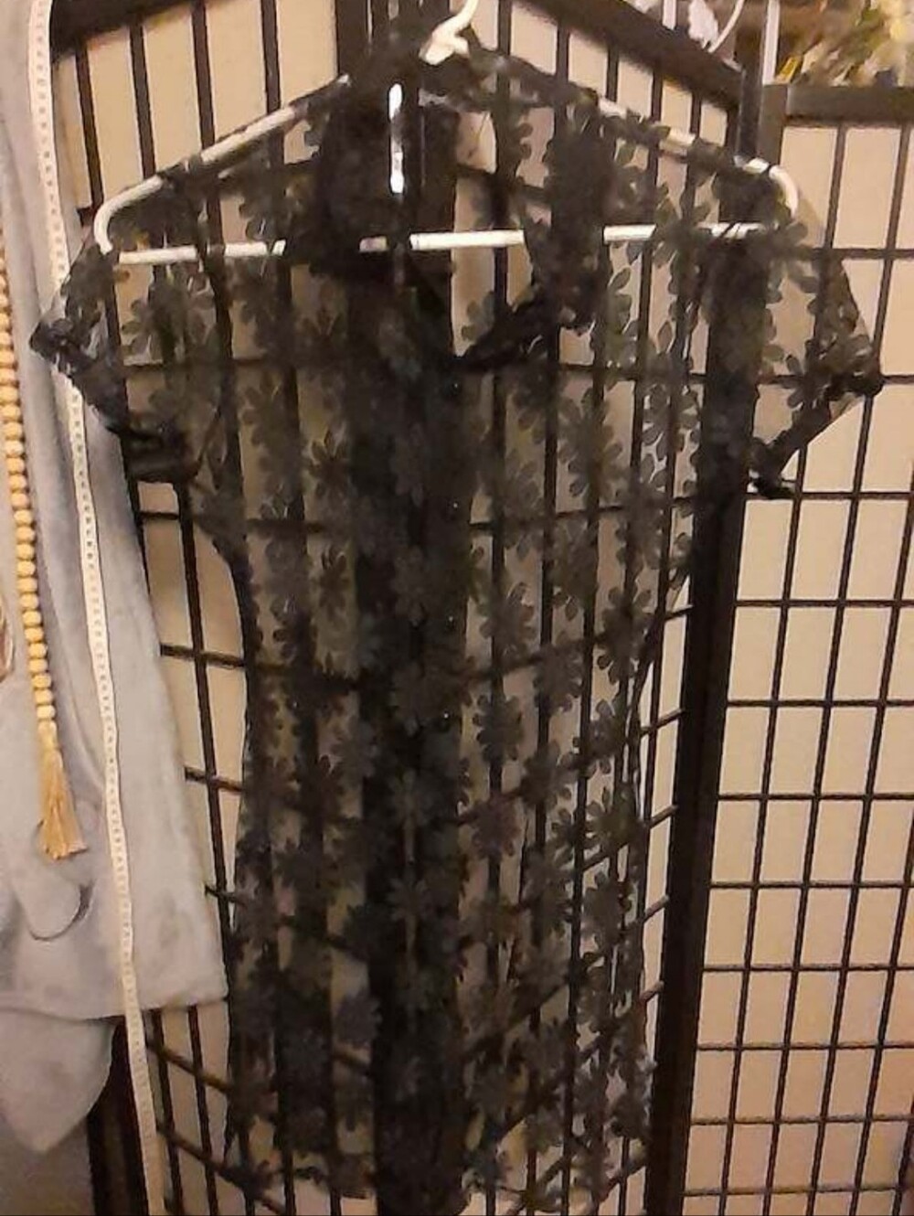 Fairycore Sheer Black Lace Button-Up Tunic - Inlay Floral Design - Cap Sleeve XS